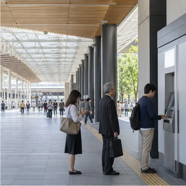 ATMの順番を待つ利用者